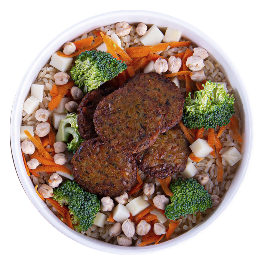 bowl quente arroz integral vegano com faláfel